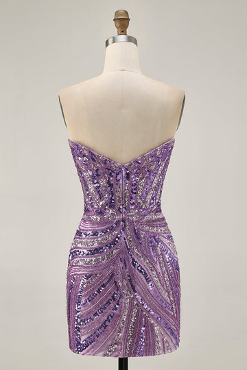 Sparkly Purple Strapless Tight Homecoming Dress
